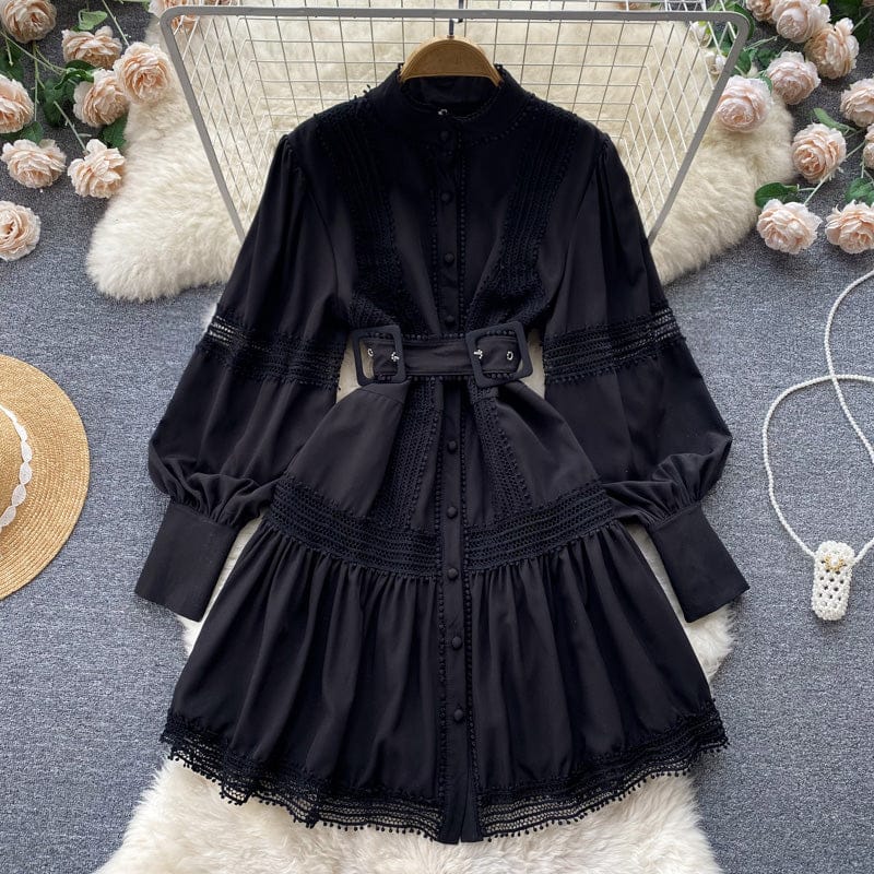 L / black Casual White Peter Pan Collar Bishop Sleeve Lace Patchwork Hollow Out Shirt Dresses Women Lady Elegant Belt Tunic Dress