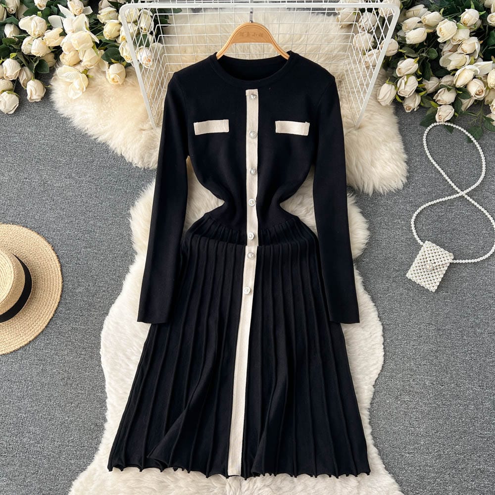 L / black Chic Peter Pan Collar Long Sleeve Patchwork Pearl Button Trim Knit Dress Women Elegant Contrast Color Office Sweater Dresses