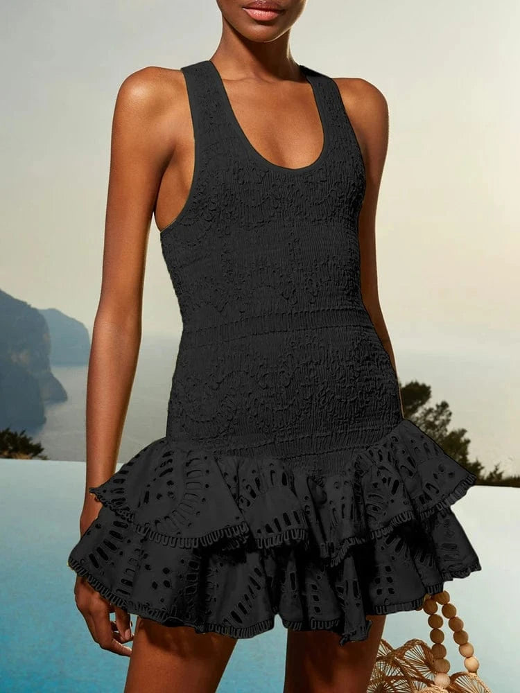 L / Black CHICEVER Casual Embroidery Round Neck Sleeveless High Waist Women Elegant Dresses 2023