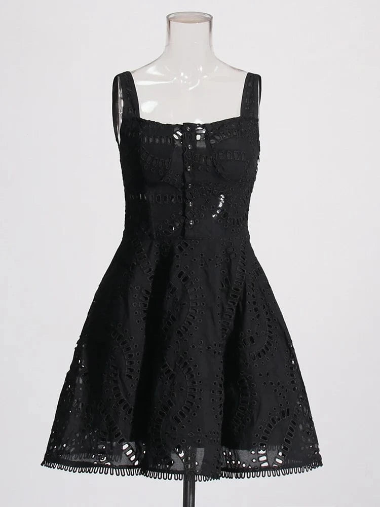 L / Black CHICEVER Elegant Sleeveless High Waist Solid Color Hollow Out Dresses Lady Dress For Women