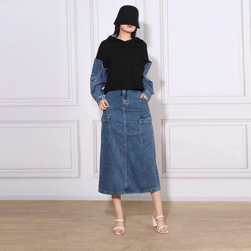 L / Black CHICEVER Fashion Hooded Long Sleeve Hit Color 2 Piece Long Skirt And Top Set For Women