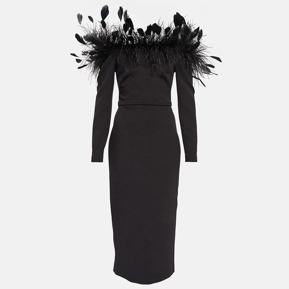 L / Black CHICEVER Fashion Patchwork Feathers Slimming Long Sleeve Dress Long Dresses For Women