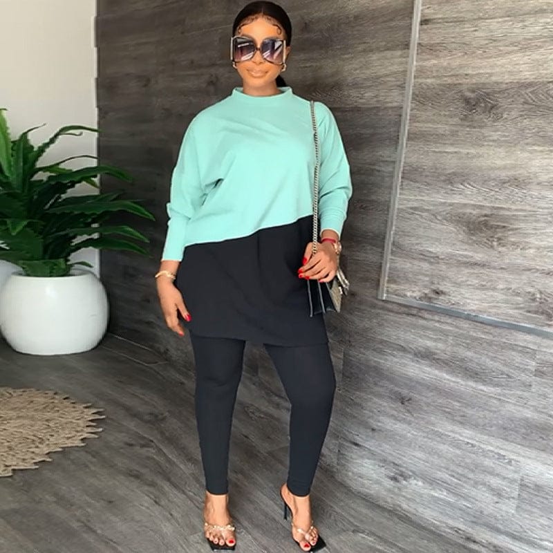 L / BLACK Customized Multi Size Fashionable Womens Autumn Two Piece Set Color Block Loose O Neck Tops Long Pants Tracksuit Set