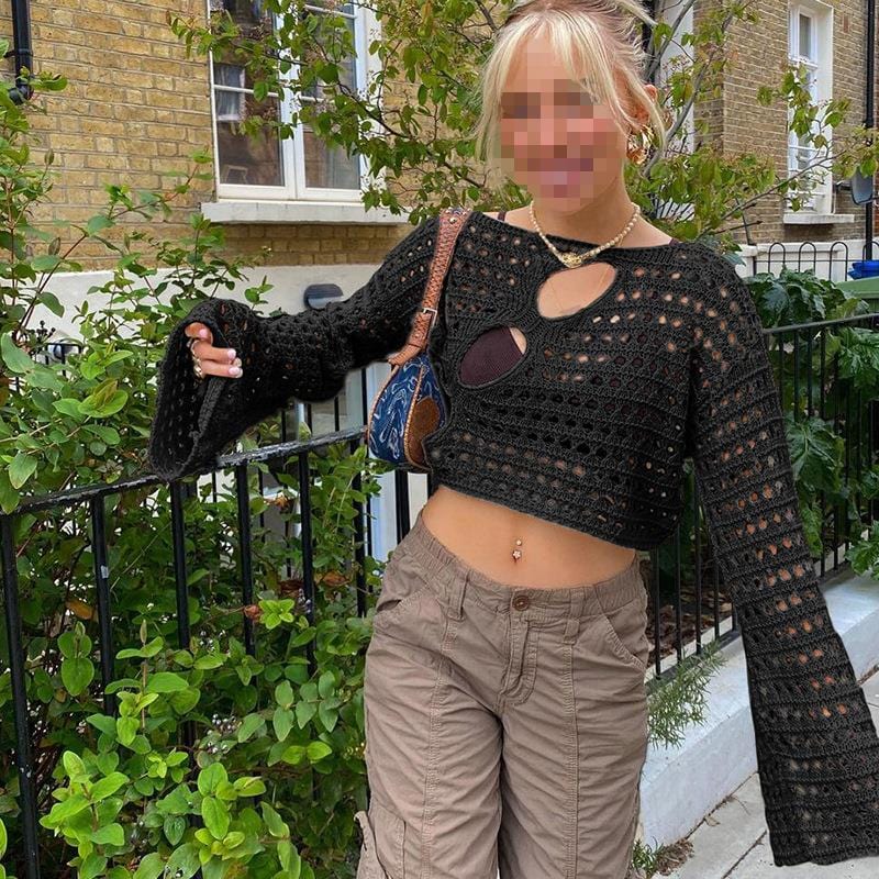 L / black Cutout Cropped Knit Cover Up Top Retro Loose Distressed Crochet Knit Pullover Casual Chic Cropped Cloth Cover Up Women