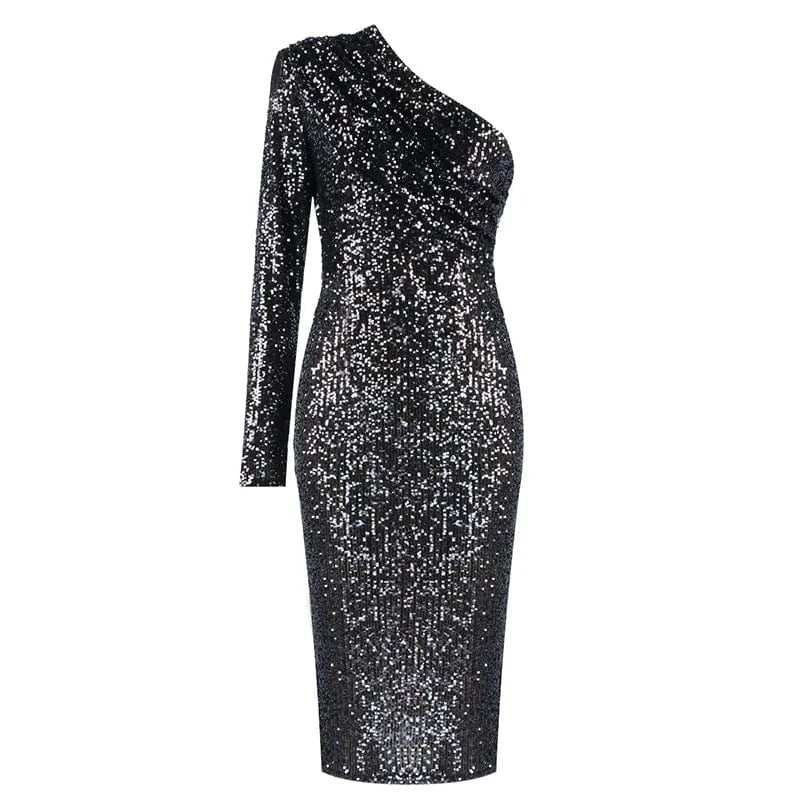 L / Black D8130#New Women's nightclub sexy one-shouldered  long-sleeved sequins perspective slim dress evening dress