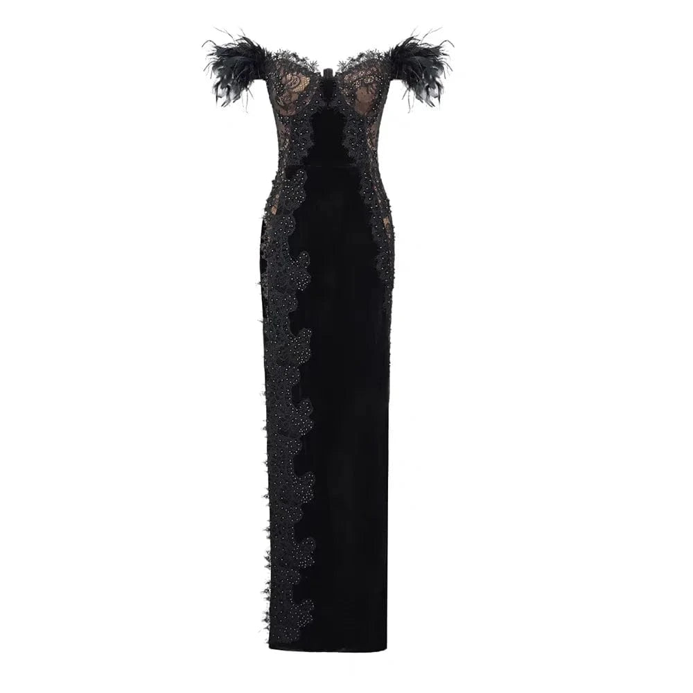 L / Black ED2617 High Quality Evening Dress Elegant Christmas Party Dress Feather Dressing Ball Gown With Slit