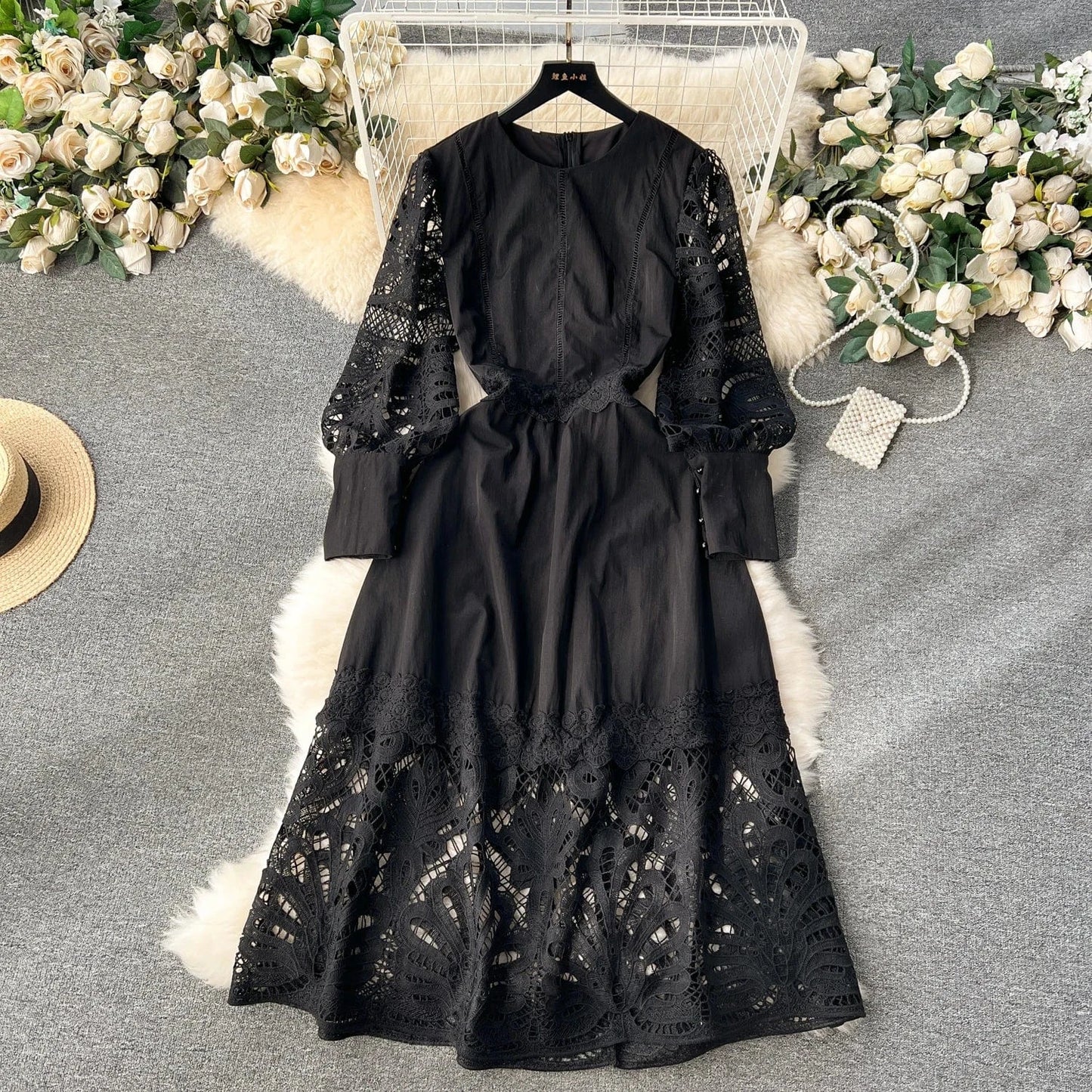 L / Black Elegant Casual Fashion Dress Women's Square Neck Fluffy Sleeve Lace Embroidery Dress Autumn New