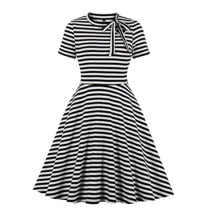 L / black Elegant Casual Vintage Woman O-neck Knee-length A-line Horizontal Striped Dresses Striped Short Sleeve Tether Elasticity Dress