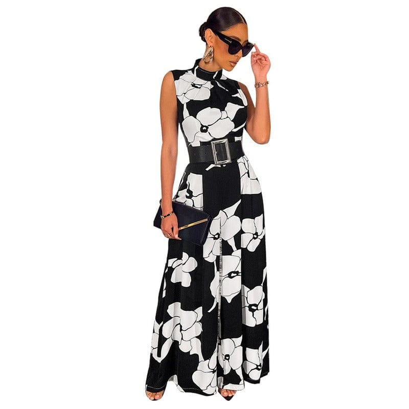 L / black Elegant Jumpsuit for Women Halter Floral Print Long Wide Leg Pants Party Office Wear Fashion Jumpsuit 2023 Summer Rompers