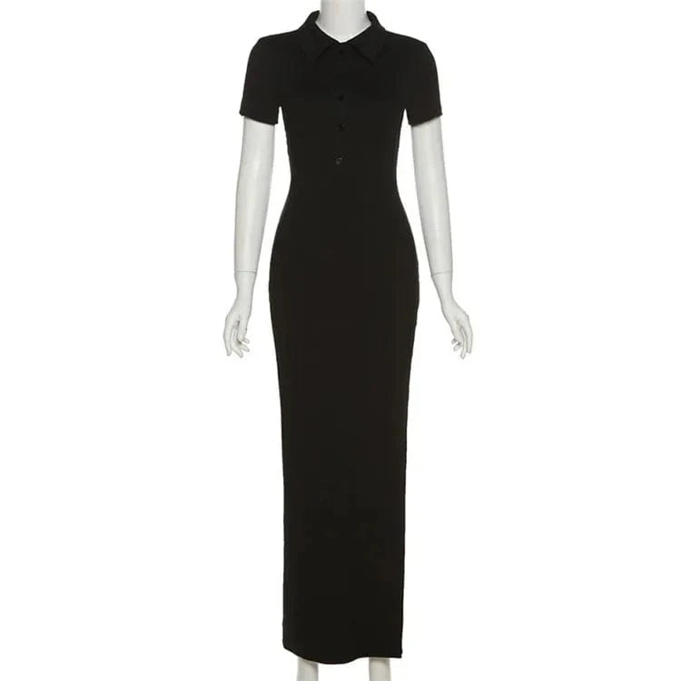 L / Black Elegant Office Lady Long Dress Women Solid Fashion Turn-down Collar Short Sleeve Button Side Split Street Bodycon Dress