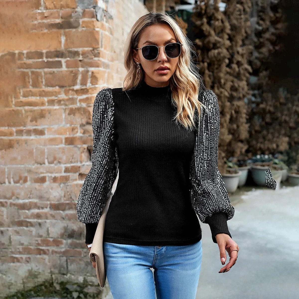 L / Black European and American Women's clothing 2023 Autumn and Winter  Semi-high collar Long sleeve Sequin Stitching Knitted top