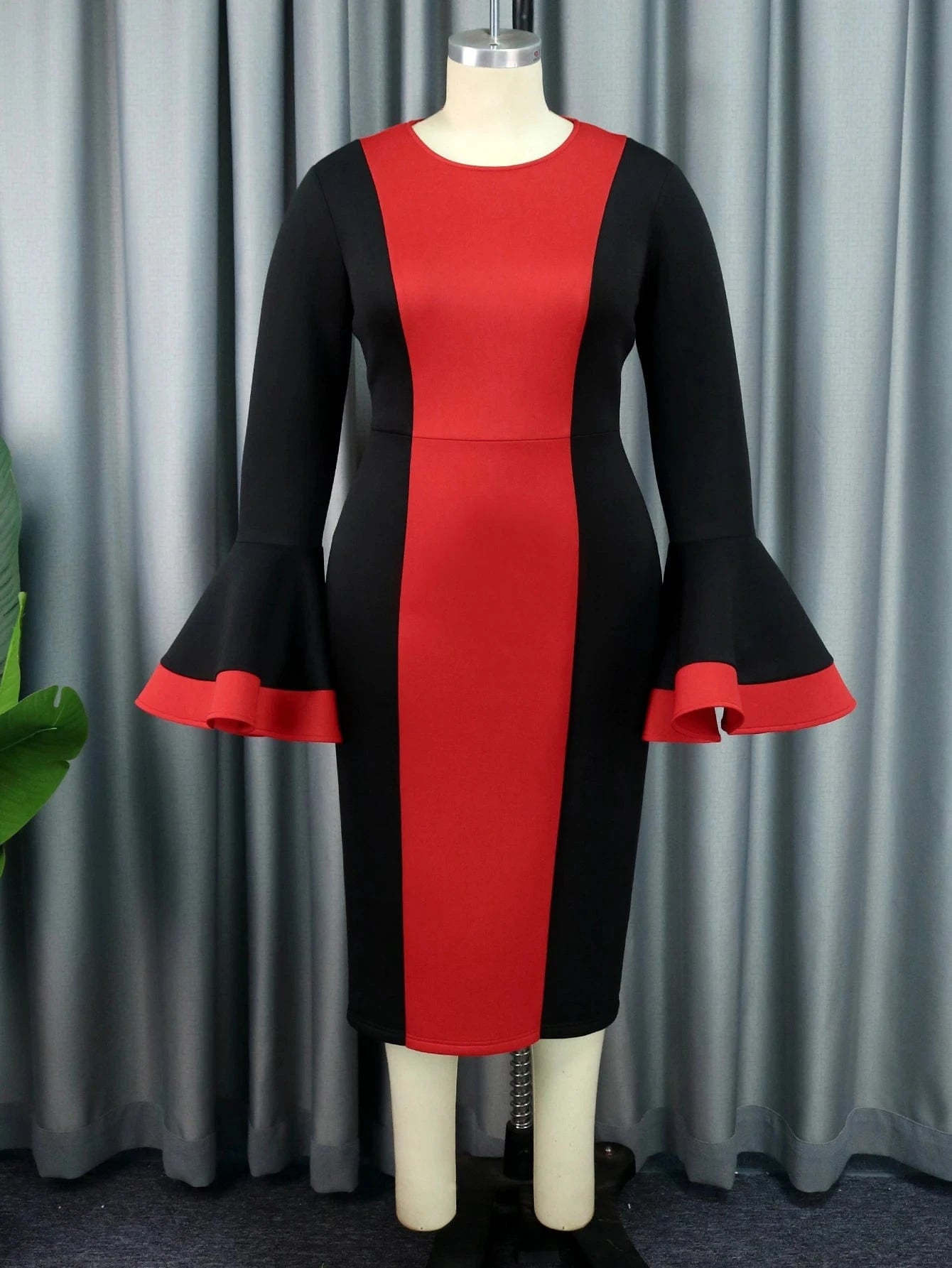 L / Black Factory Long Flare Sleeve Contrast Color Women Midi Evening Dresses