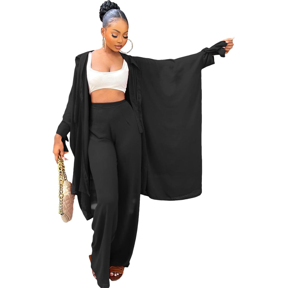 L / black Fall 2022 Women Clothes Casual Solid Lace-Up Sleeve Cardigan Micro Pleated Wide Leg Pants Set