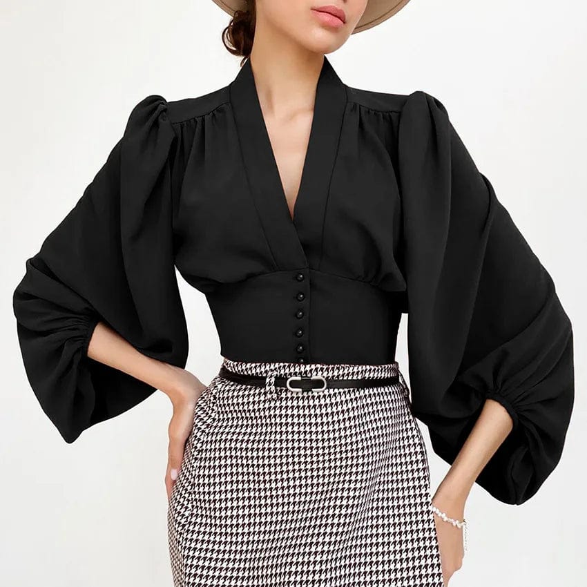 L / Black Fall Spring New Vintage V Neck Ladies Elegant Shirt Slim Puff Long Sleeve Cropped Women Blouse Tops