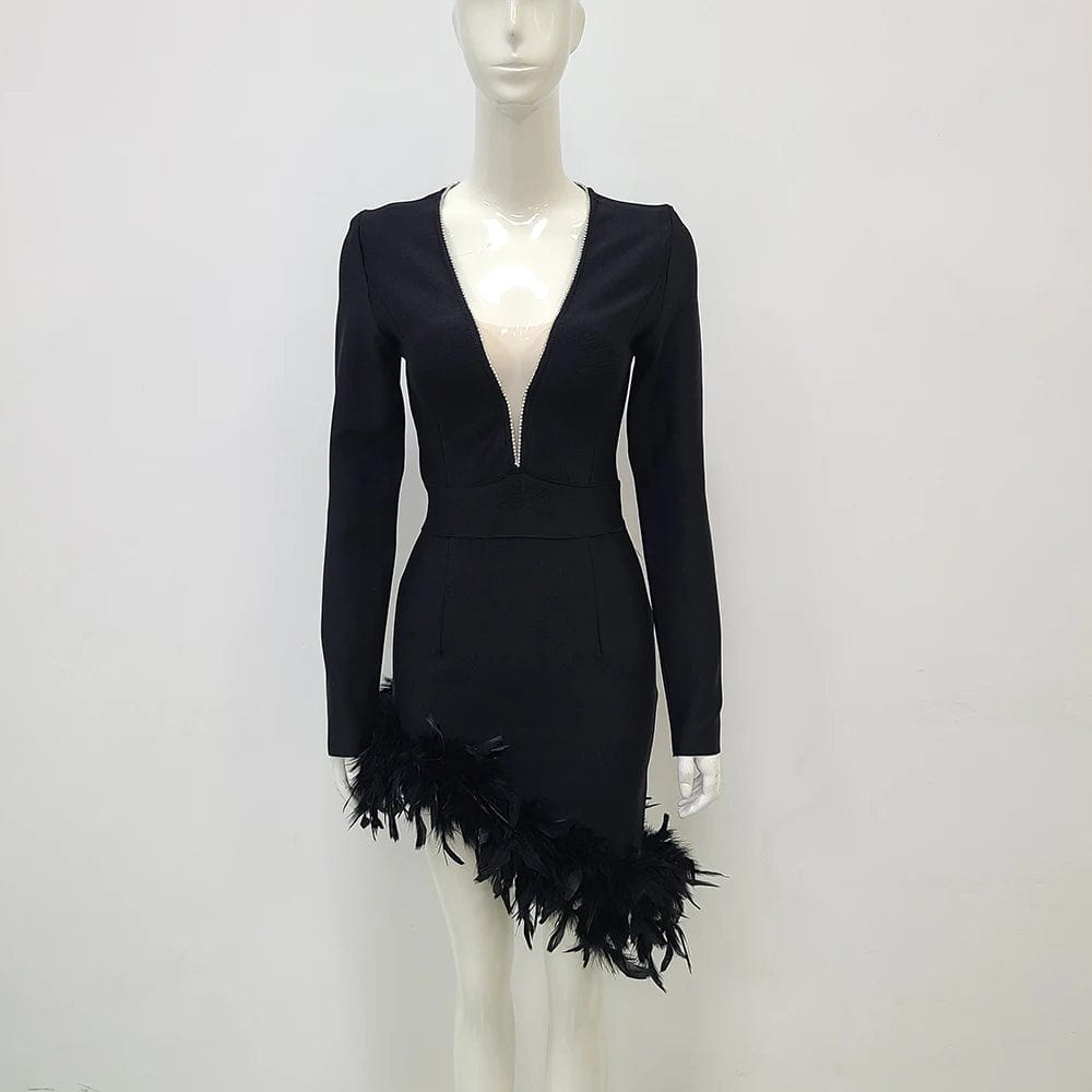 L / Black Fashion Cheap Women's Celebrity Evening Club Feathers Unique Designer Women Party Dress
