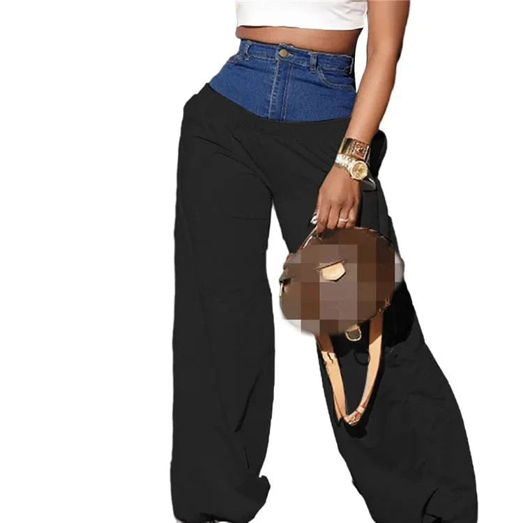 L / Black Fashion Women Denim Patchwork High Waist Jogger Pants 2023 Active Zipper Fly Jean Splicing Trousers