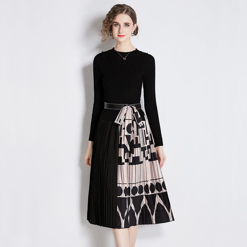 L / black Fashionable Peter Pan Collar Tight Knit High Waist Patchwork Print Pleated Dresses Women Lady Elegant Knitting Sweater Dress