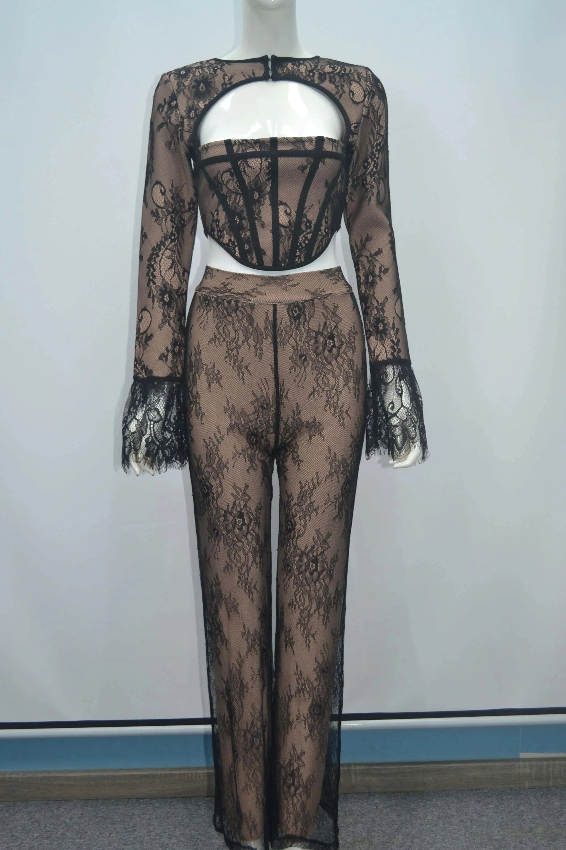 L / Black High quality cut out spring sexy lace bandage two piece set for women pants set