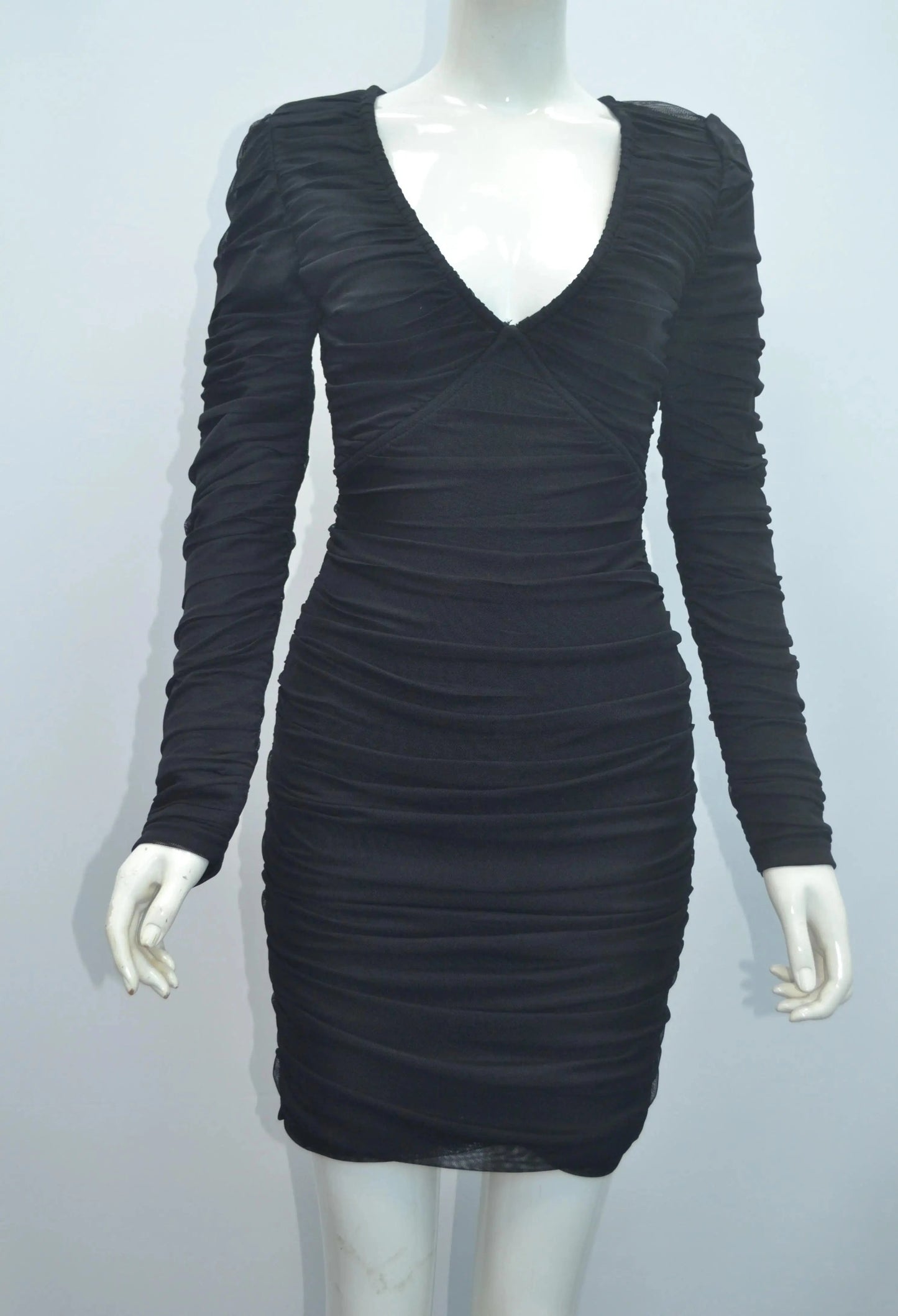 L / Black High Quality Ladies Long Sleeve Sexy V Neck Slim Bandage Dress Mini