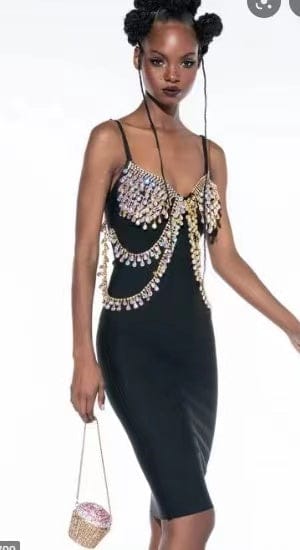 L / black High Quality Purple Sparkly Beading Elegant Evening Party Vestidos Bodycon Rayon Bandage Dress