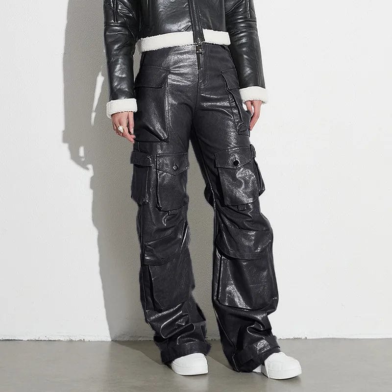 L / Black-in stock OUDINA Stylish Street Customize PU Trousers High Waist Baggy Mujer 6 Pocket Cargo Pant Wide Leg Women Leather Pants