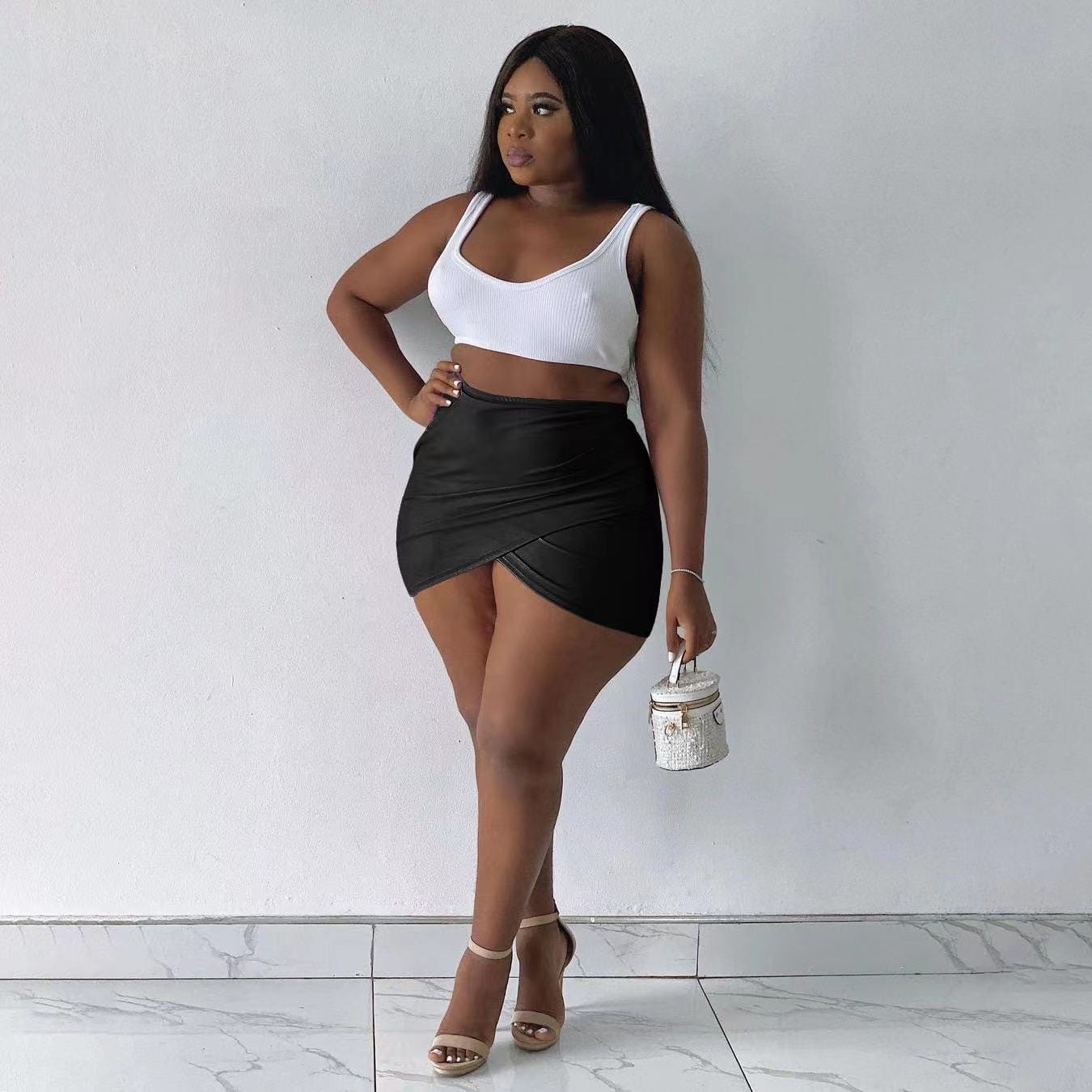 L / black J&H 2023 new arrivals white ribbed tank top and sexy mini skirts 2 piece set women slim fit summer skirts outfits club wear