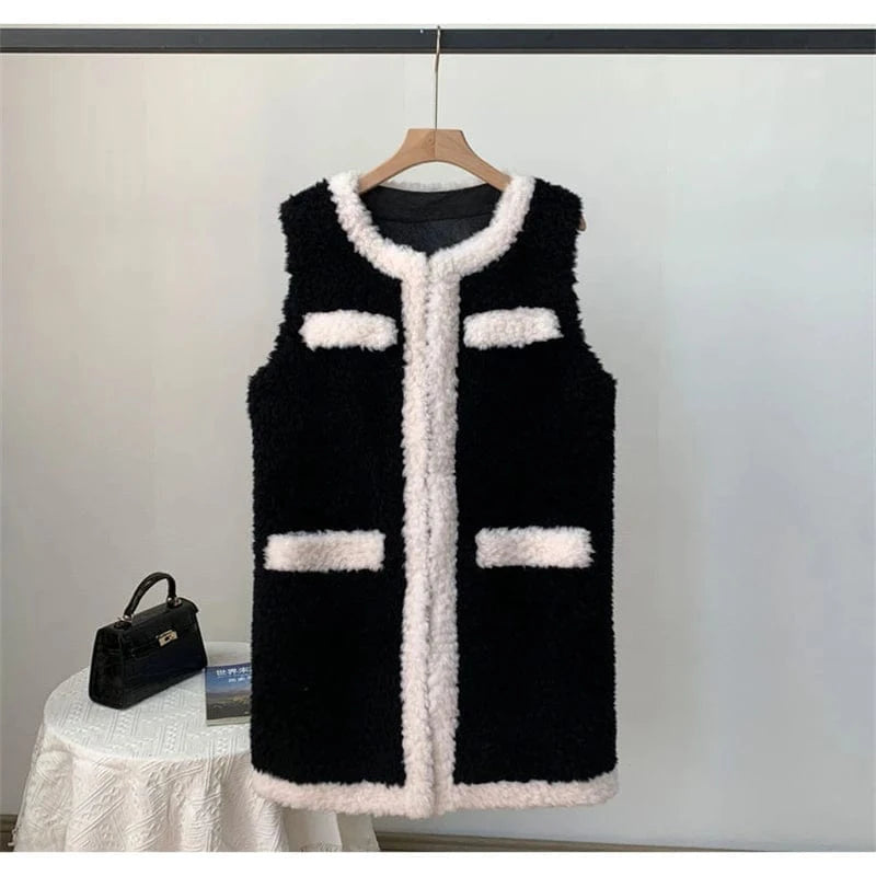L / Black JT3311 Women's Real Wool Fur Winter Vest Coat Female Girl Warm Sheep Shearling Fashion Waistcoat Jacket