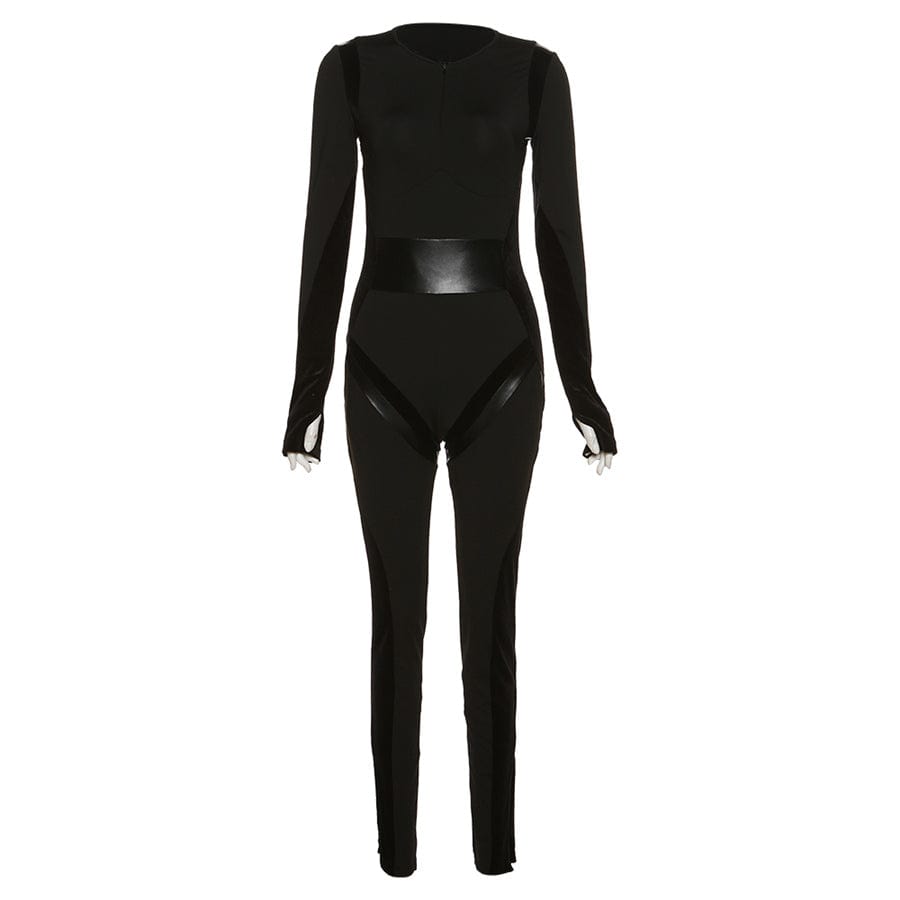L / black Kliou K22Q23273 women's outfits high street long sleeve solid color ladies jumpsuits stitching tight bodycon jumpsuit