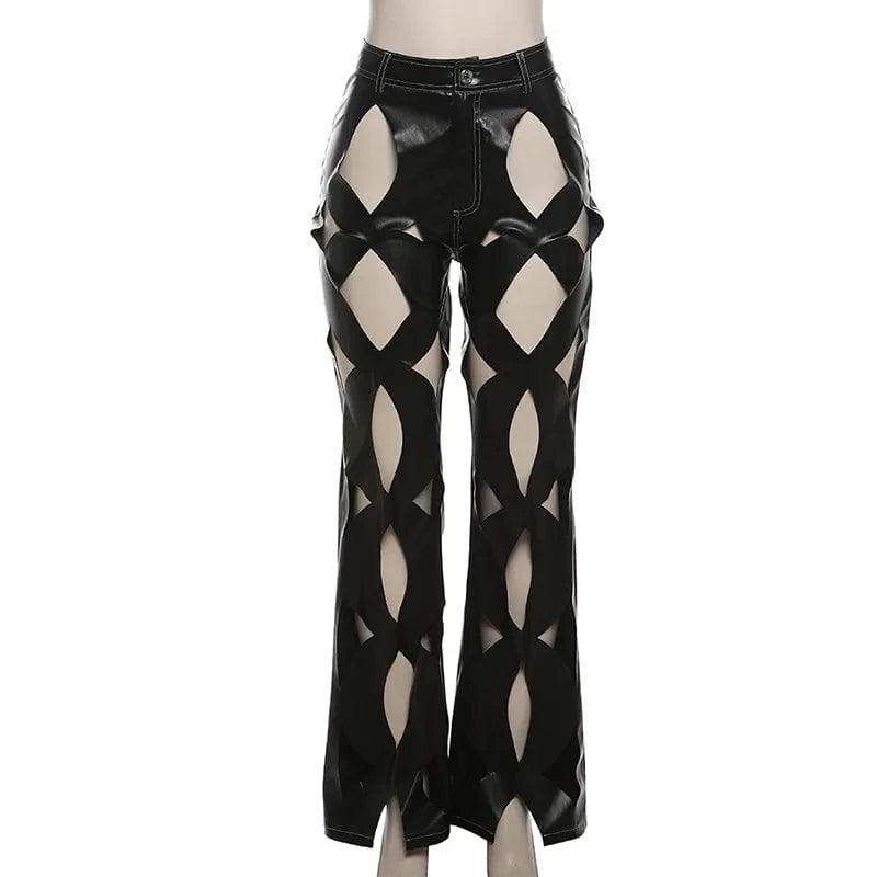 L / Black Knit PU Hollow Out Pants 2024 New Fashion Womens Pu Leather  High Waist Straight Pant Solid Loose Casual Streetwear Trousers