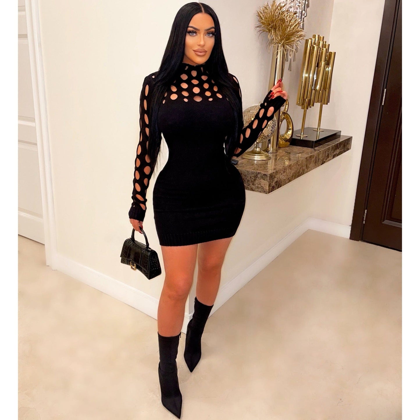 L / black Knitted Women Dress Slim Fit Bodycon Fall &Winter Ladies Solid Hollow out Bodycon Dress for Women Clothing