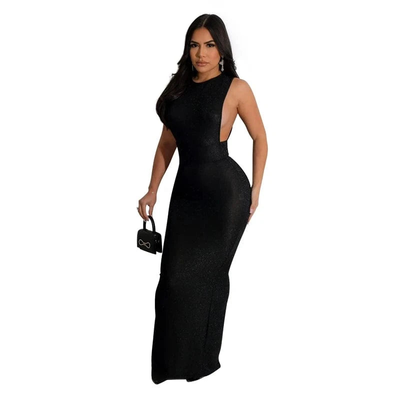 L / Black korean elegant luxury women golden sleeveless long gown evening wear dress 2024 elegant women silver evening party clothes