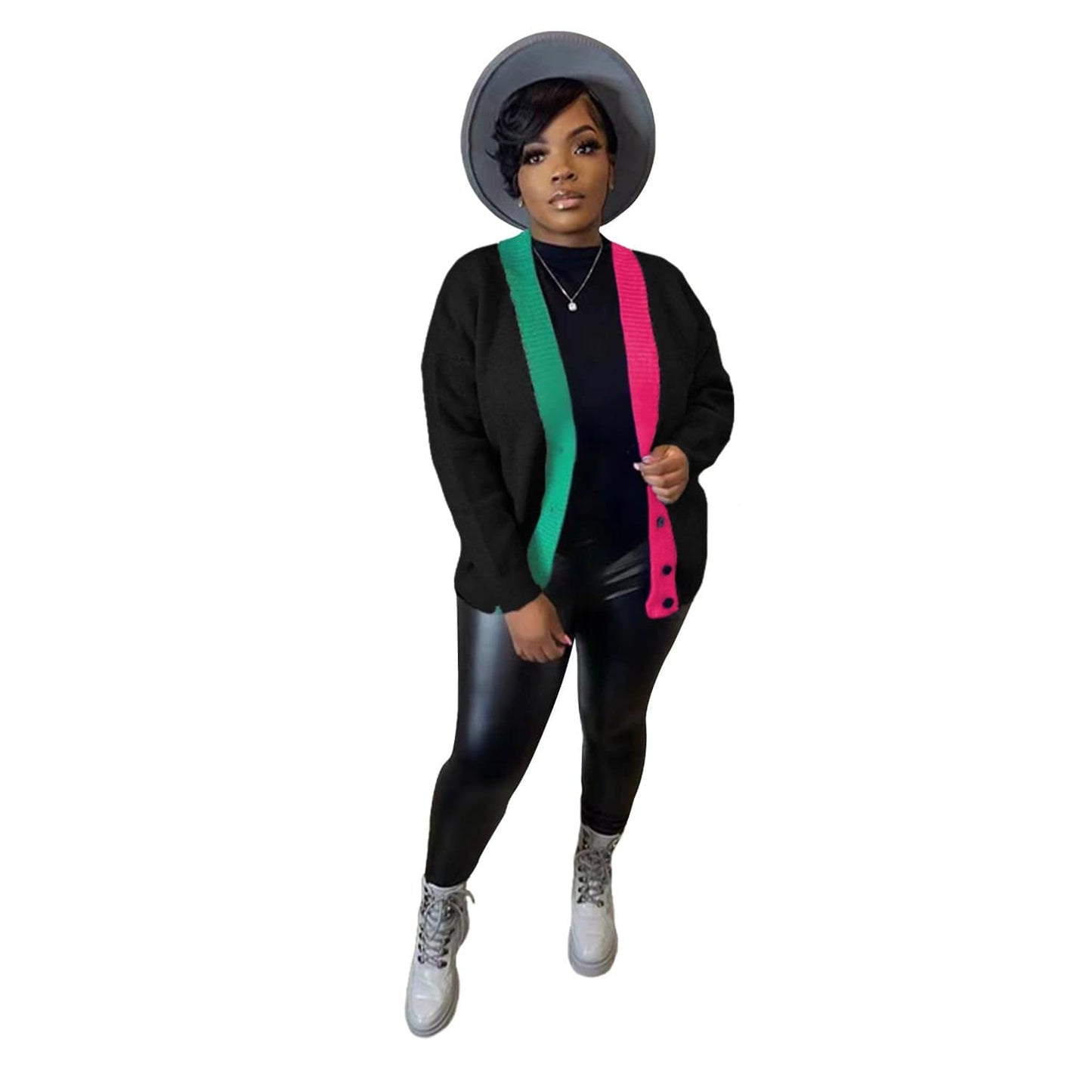 L / black Ladies Trendy  Winter Womens Patchwork Knitted Coat 2022 Casual Cardigan Coats  for Autumn Women Clothing