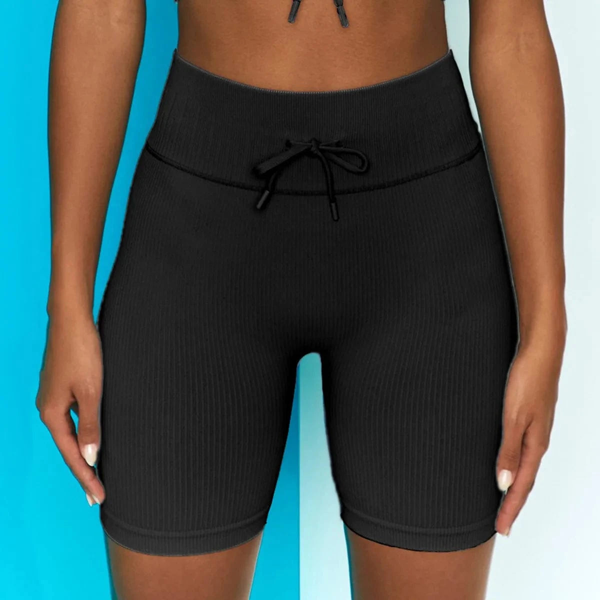 L / Black Large Size Stretch Running Sports Pants Outdoor Workout Fitness Leggings High Waist Drawstring Yoga Shorts For Womens