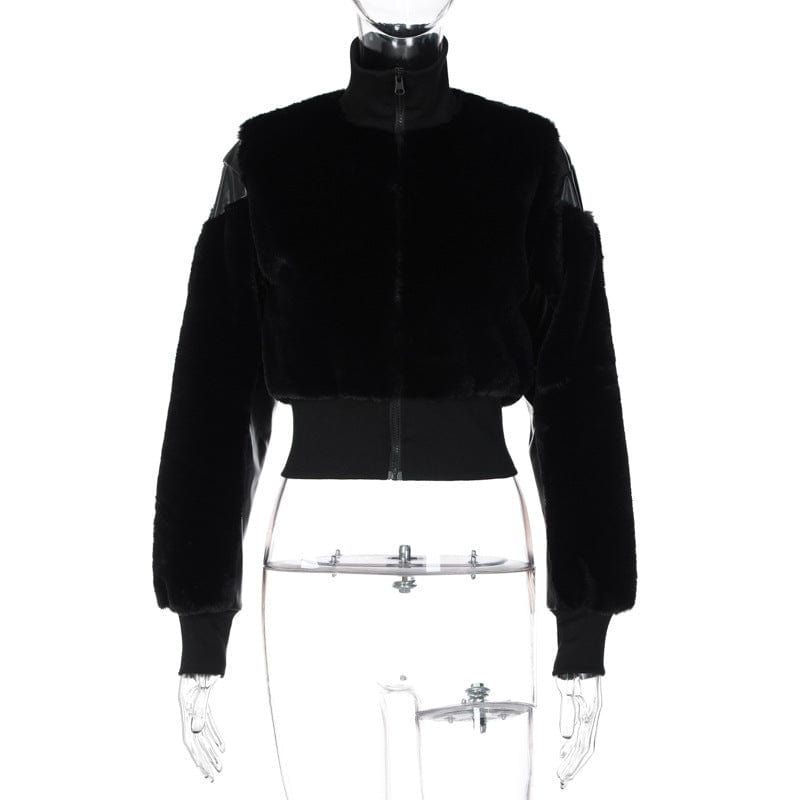 L / Black Liu Ming Autumn Winter Women Clothing 2024 Streetwear Black Turtleneck Faux Fur Long Sleeve Zip Up Warm Jacket Coat