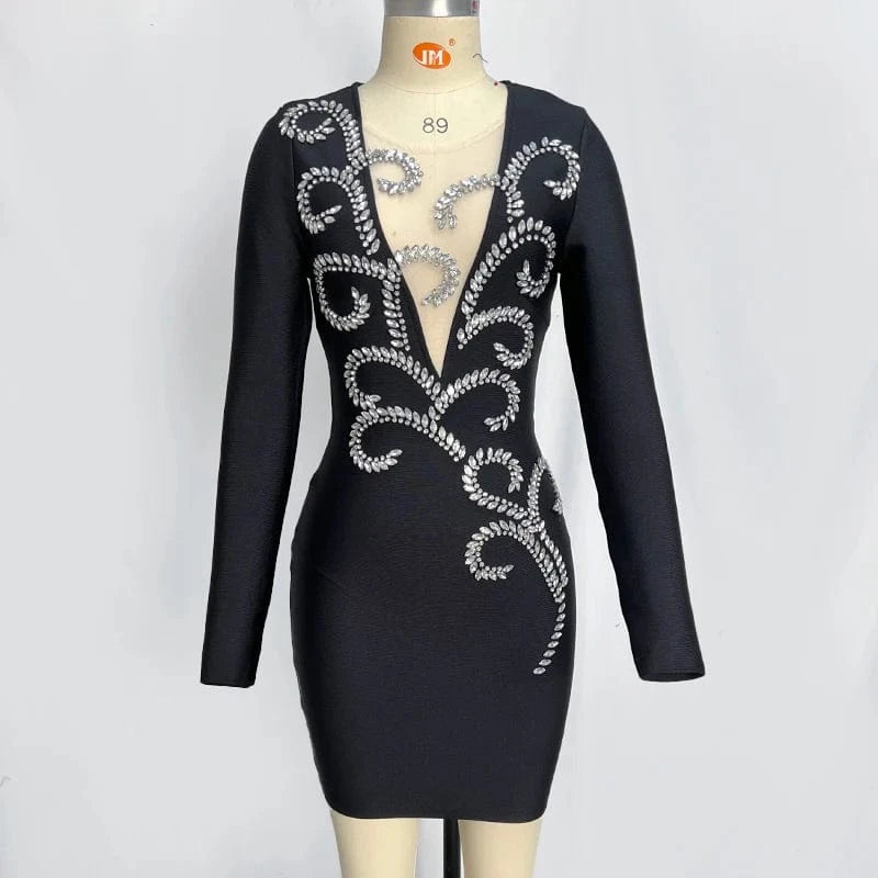 L / Black LS2367 Kimshein High Quality Bandage Dresses Long Sleeve V Neck Dress Rhinestone Dress  For Women Party