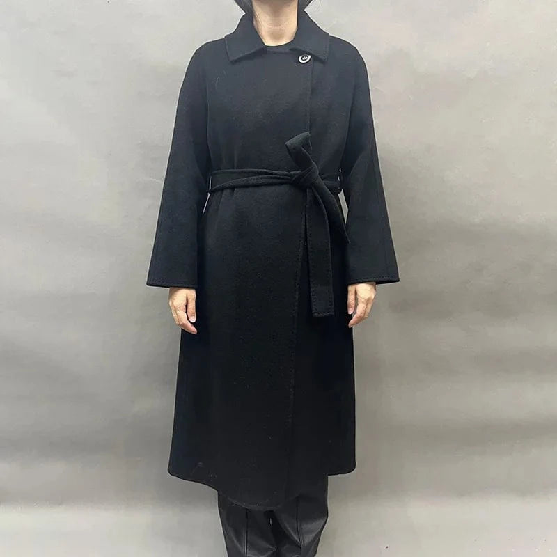 L / Black Luxury Belted Extra Long Cashmere Coats Elegant Oversized Women Cashmere Coats