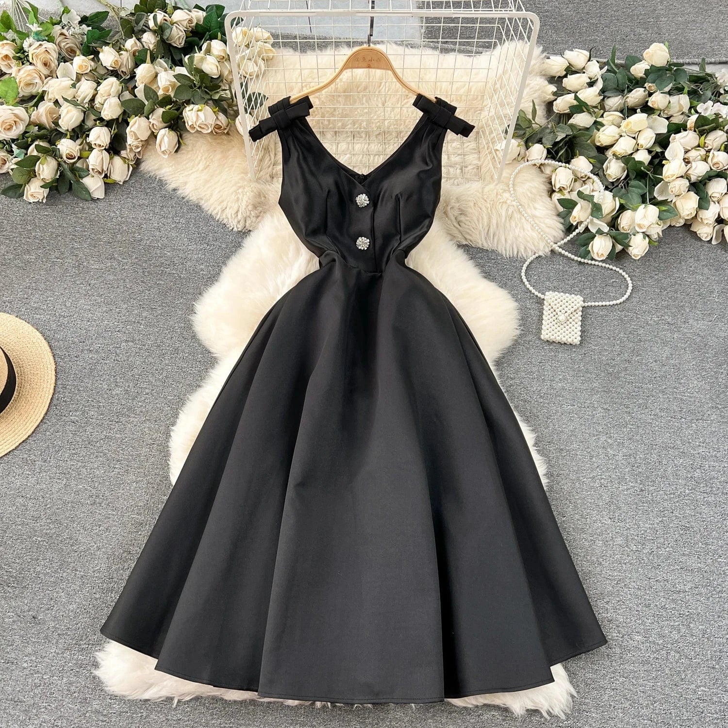 L / Black New Arrival Hepburn Fashion Trendy Bow Diamond V-neck Vestidos Women Elegant Summer Casual Dresses