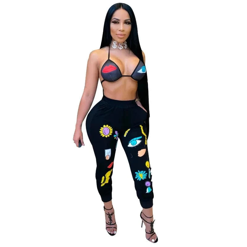 L / Black New Autumn Ladies Set Embroidery Print Two Piece Set Bra Top and Pants Sexy Women 2 Piece Outfit