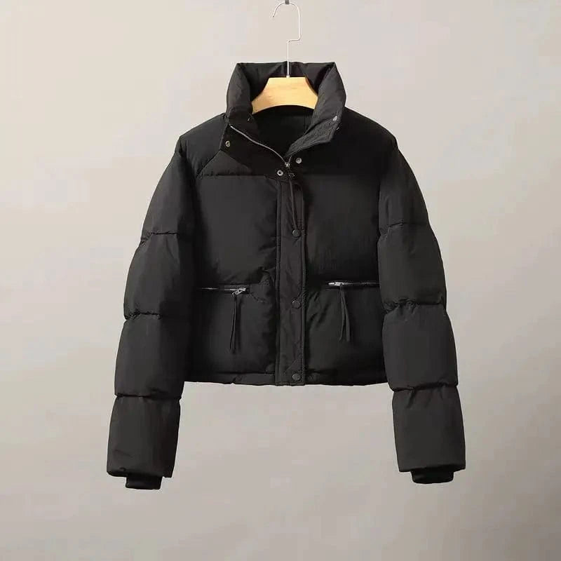 L / Black New Cotton-Padded Women's Short Korean Version Stand Collar Thickened Bread Coat Cotton-Padded Women Coat