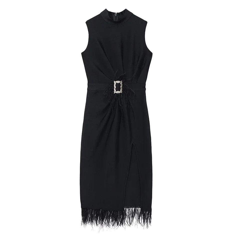 L / Black New Feather Bandage Dress Bodycon High Quality Elegant Evening Dresses Fashion Party Ball Gowns Summer Casual Vestidos For Woman