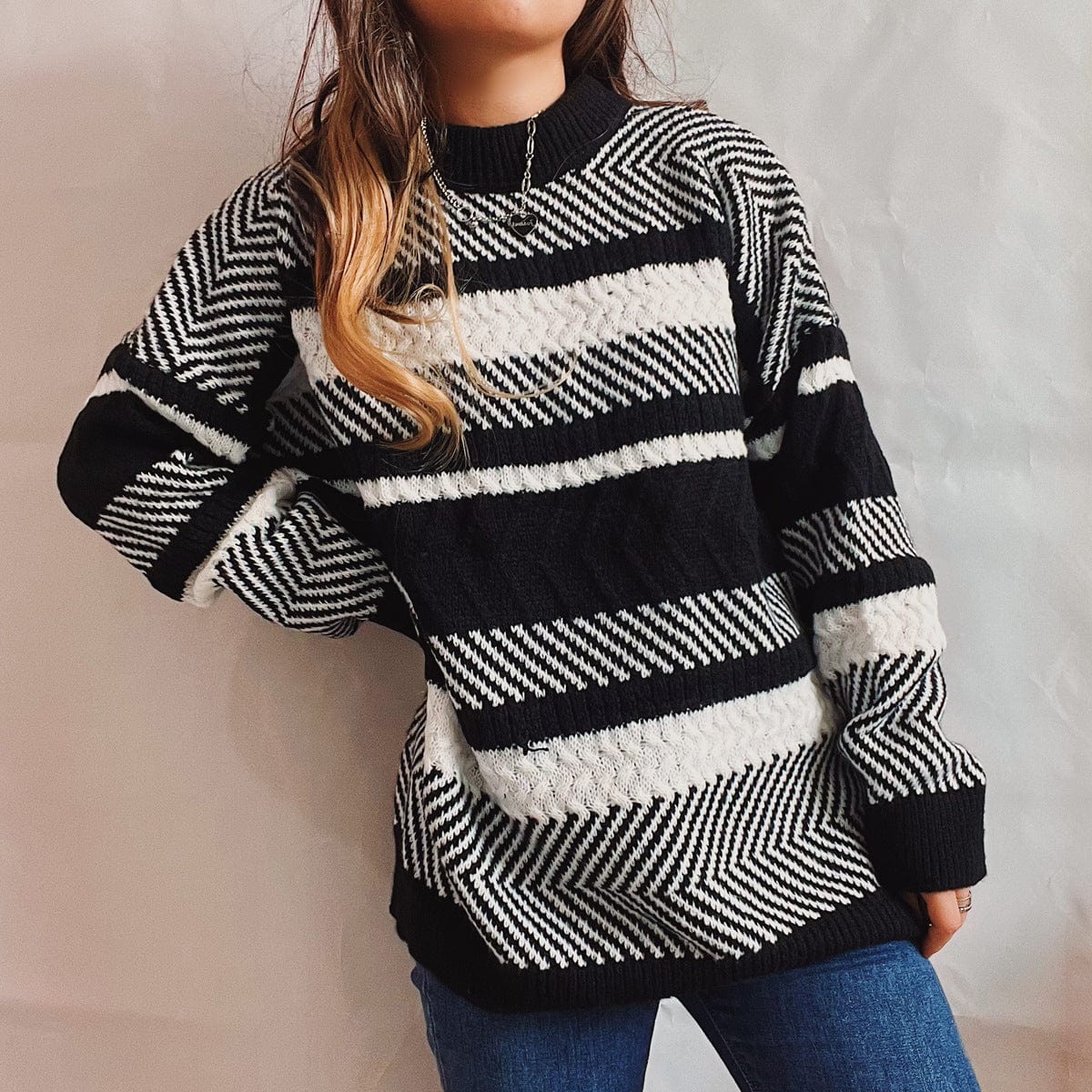 L / black New Irregular Striped Color Stitching Thickened Round Neck Long Sleeve Knitted Sweater Pullover