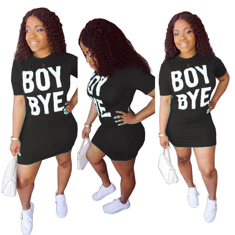 L / black New Loose Women's Solid Color Letter Print T-Shirt Dress