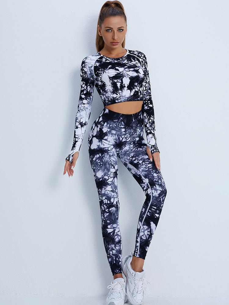 L / black New seamless Yoga suit long suit tie dyed high waist hip lifting Yoga Pants women's long sleeved top sportswear  New seamless Yo