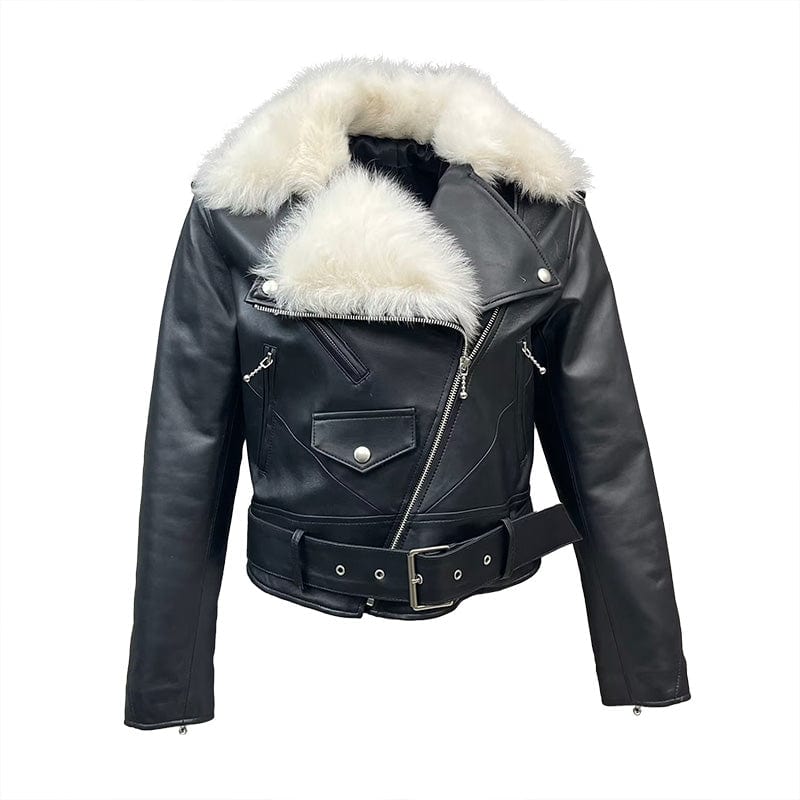 L / black New Style Soft Tuscan Wool Collar Leather Coat Genuine Sheep Leather Jacket for Women