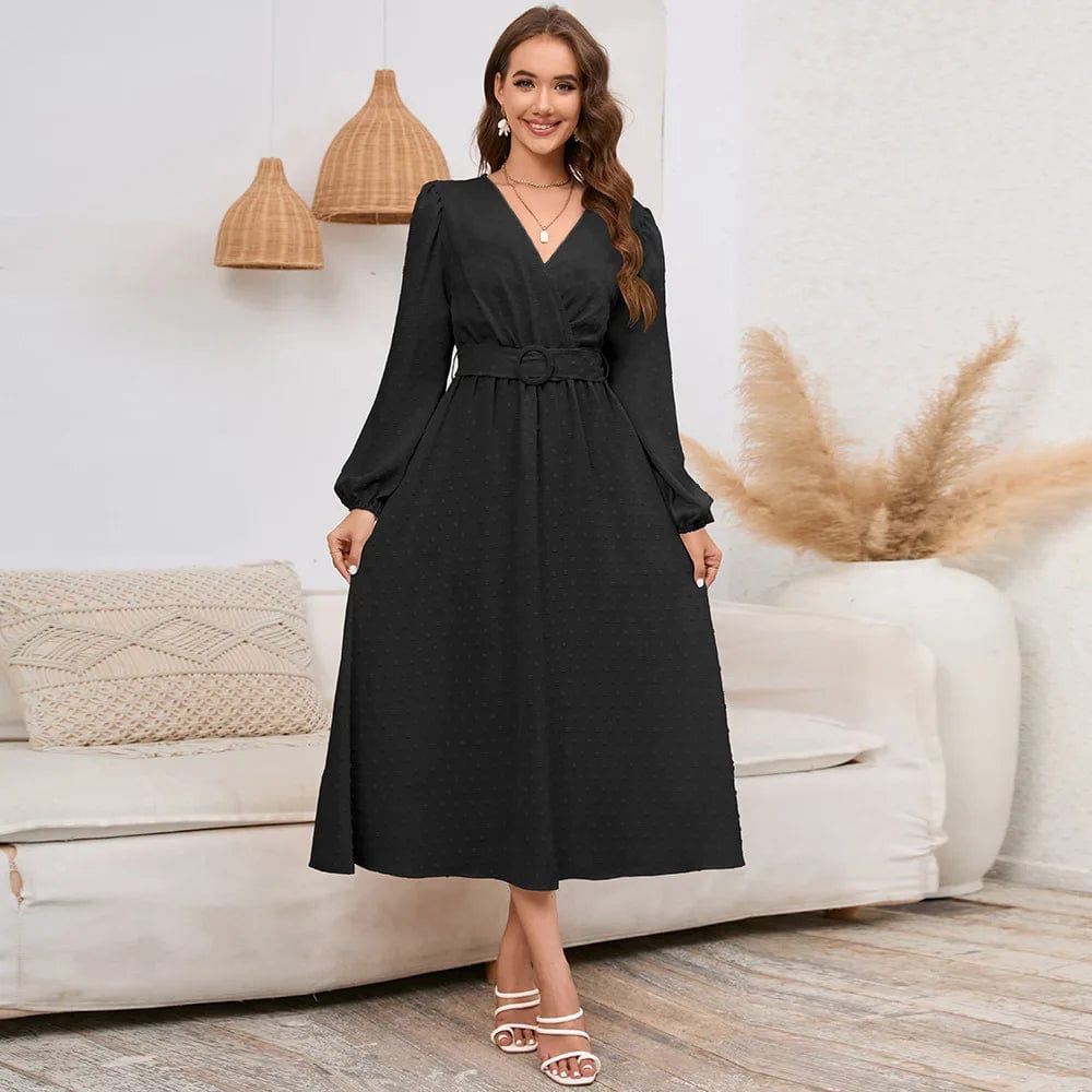 L / Black New V-neck Long Sleeve Printed Solid Color Waist Loose Spring  Autumn Daily Commute Casual  Women Lady Long Dress