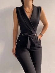 L / Black New women's office workwear ins business style solid V neck ladies strappy sleeveless romsuit women jumpsuits