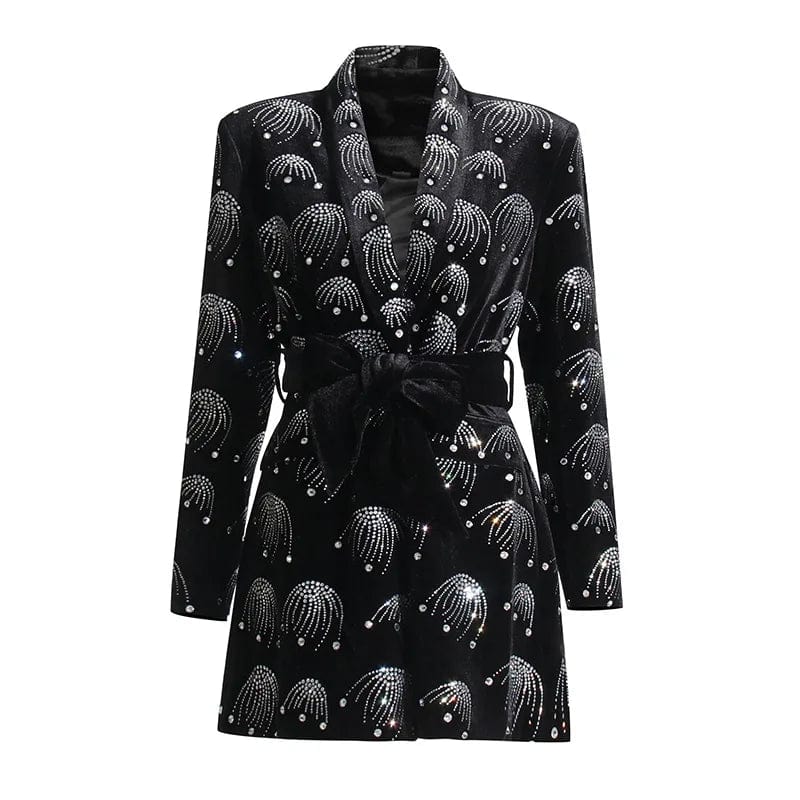 L / Black OUDINA Elegant Style 2023 New V-neck Suit Jackets Temperament Printed Diamond Waisted Slim Blazer Femme