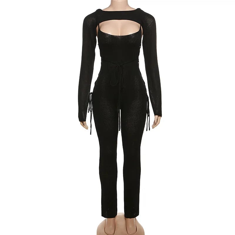 L / Black OUDINA New Fashionable Knitted Suit Blouse Suspender Low Collar Bodysuit Hollow Set For Women