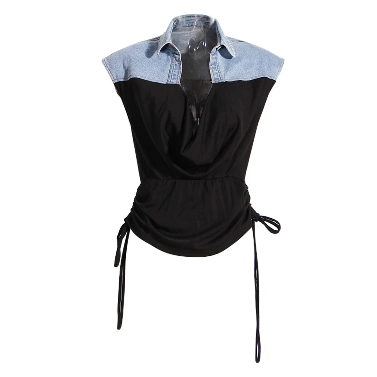 L / Black OUDINA  New Niche Design Vest Tops Denim Splicing V-neck Drawstring Pleated Sleeveless Tops For Women