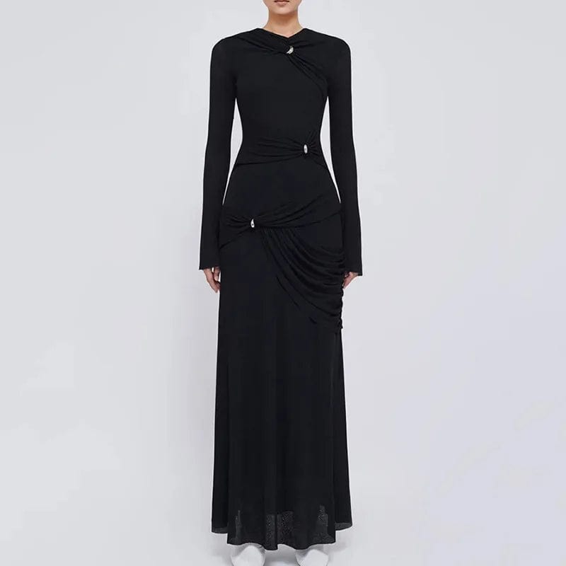 L / Black OUDINA Niche Design Asymmetrical Knitted Long Dresses For Women New Twist Elegant Alim Maxi Dress Ladies